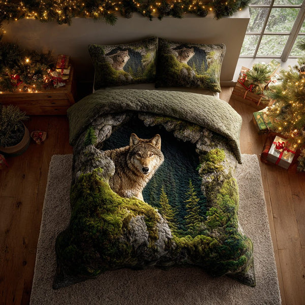 Grotto Wolf Spirit quilted 3-piece bedding set on a made bed with two matching pillow shams