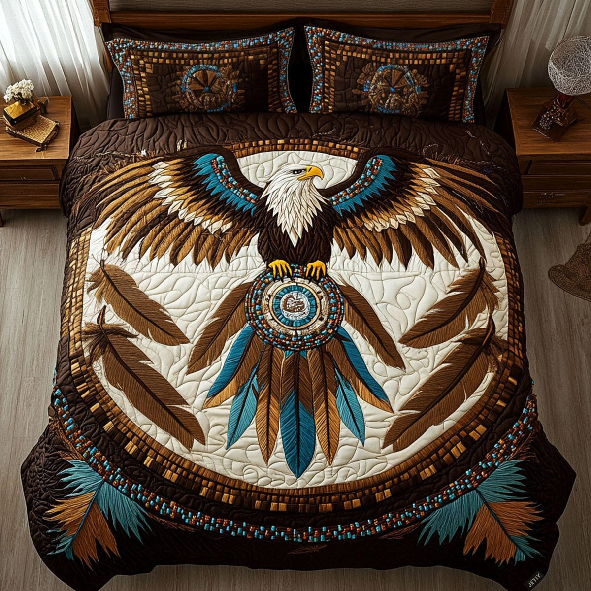 Guardian of Dreams quilted 3-piece bedding set on a made bed with two matching pillow shams