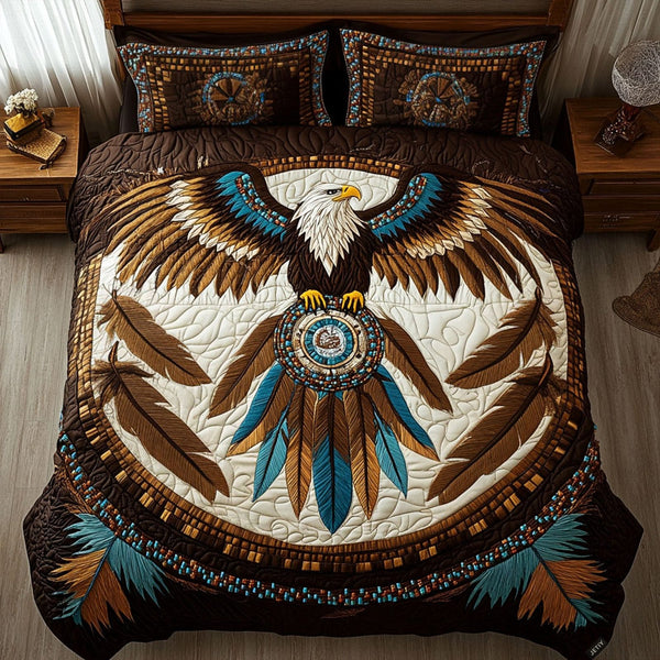 Guardian of Dreams quilted 3-piece bedding set on a made bed with two matching pillow shams