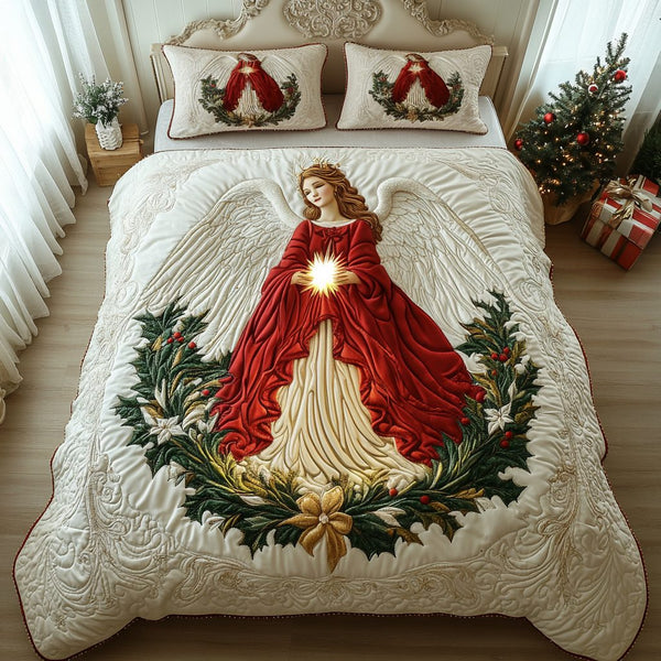 Guardian Of Peace quilted 3-piece bedding set on a made bed with two matching pillow shams
