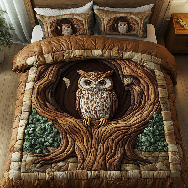Guardian of Shadows quilted 3-piece bedding set on a made bed with two matching pillow shams