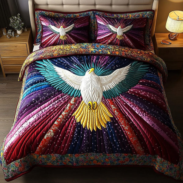 Guardian of Skies quilted 3-piece bedding set on a made bed with two matching pillow shams