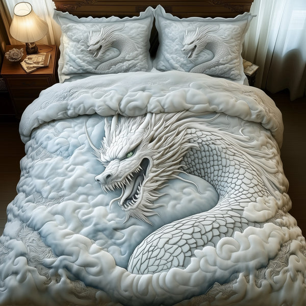 Guardian of the Heavens quilted 3-piece bedding set on a made bed in a softly lit bedroom