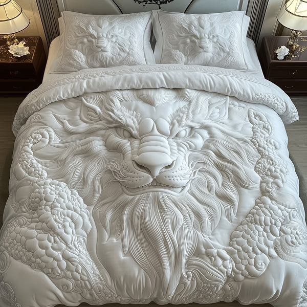 Guardian of the Heavens quilted 3-piece bedding set on a made bed in a softly lit bedroom
