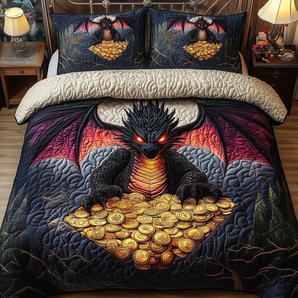 Guardian of the Hoard quilted 3-piece bedding set on a made bed with two matching pillow shams