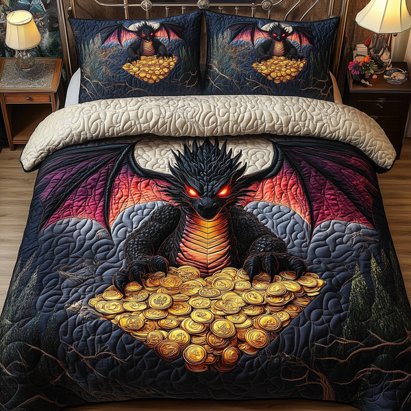 Guardian of the Hoard quilted 3-piece bedding set on a made bed with two matching pillow shams