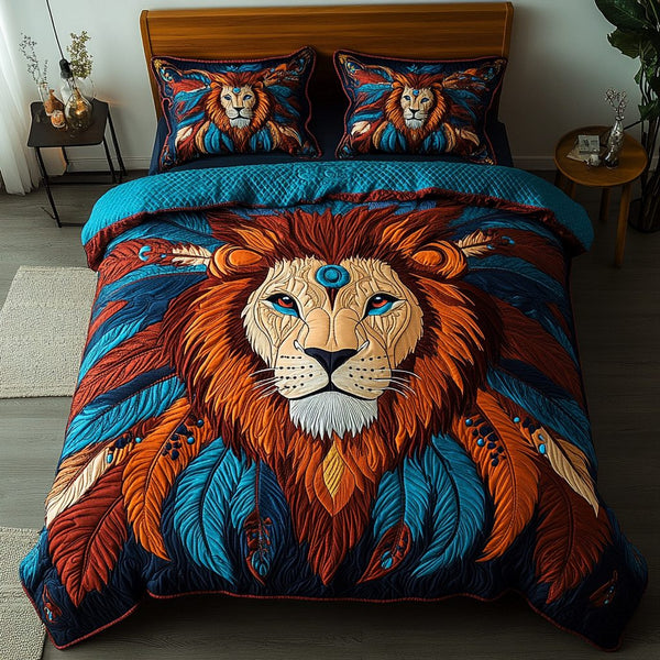 Guardian of the Plains quilted 3-piece bedding set on a made bed with two matching pillow shams
