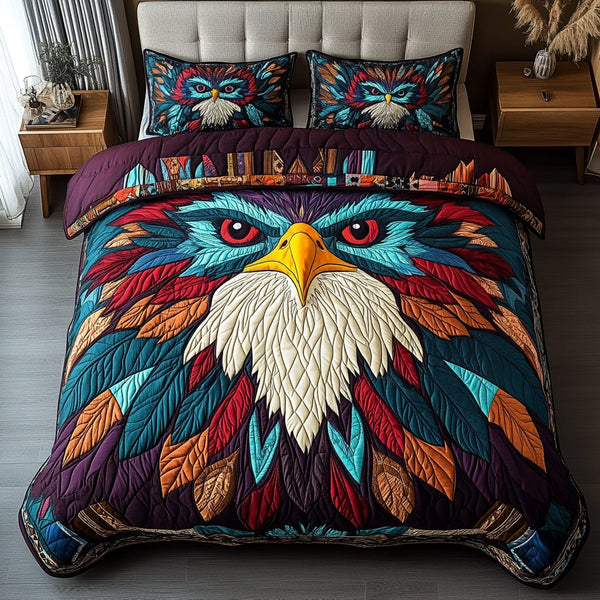 Guardian of the Skies quilted 3-piece bedding set on a made bed with two matching pillow shams