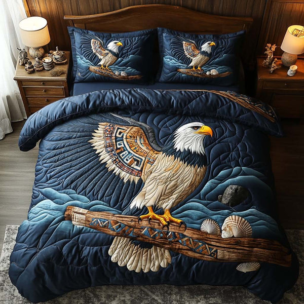 Guardian Of The Skies quilted 3-piece bedding set on a made bed with two matching pillow shams