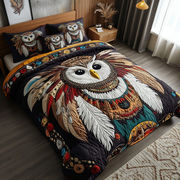 Guardian Owl quilted 3-piece bedding set on a made bed with two matching pillow shams