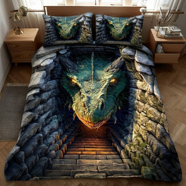 Guardian Path quilted 3-piece bedding set on a made bed with two matching pillow shams