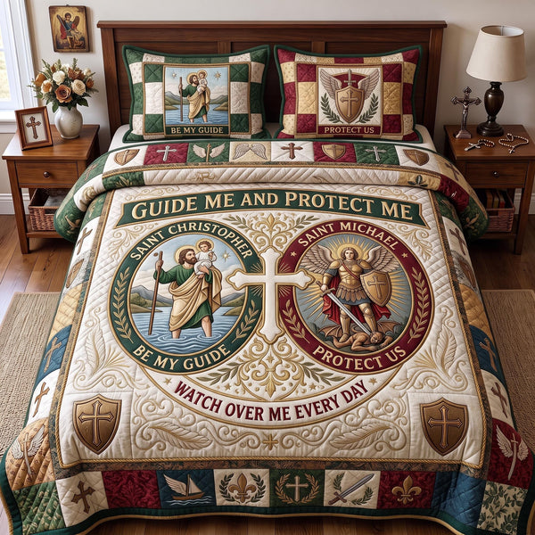 Guide And Protect quilted 3-piece bedding set on a made bed with two matching pillow shams