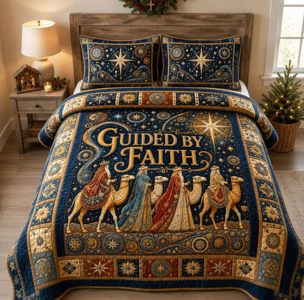 Guided By Faith Wise Men quilted 3-piece bedding set on a made bed in a softly lit bedroom