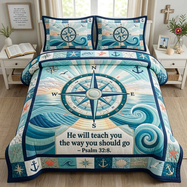 Guided By Grace quilted 3-piece bedding set on a made bed with two matching pillow shams