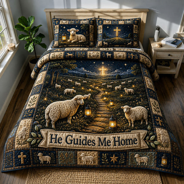 Guided Home quilted 3-piece bedding set on a made bed with two matching pillow shams