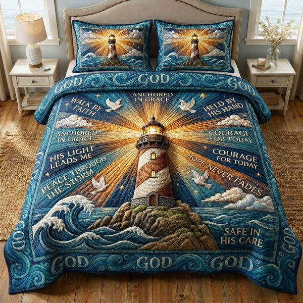 Guiding Light quilted 3-piece bedding set on a made bed with two matching pillow shams