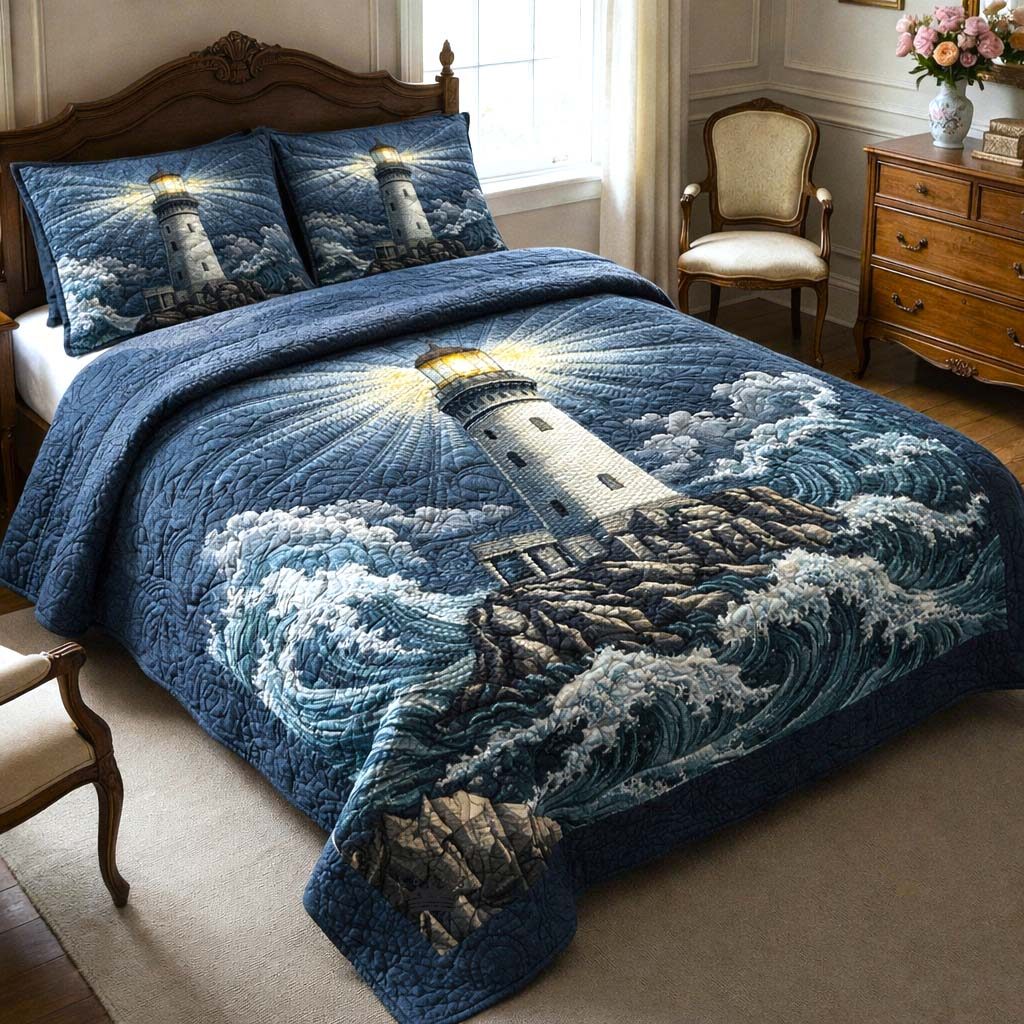 Guiding Light quilted 3-piece bedding set on a made bed with two matching pillow shams
