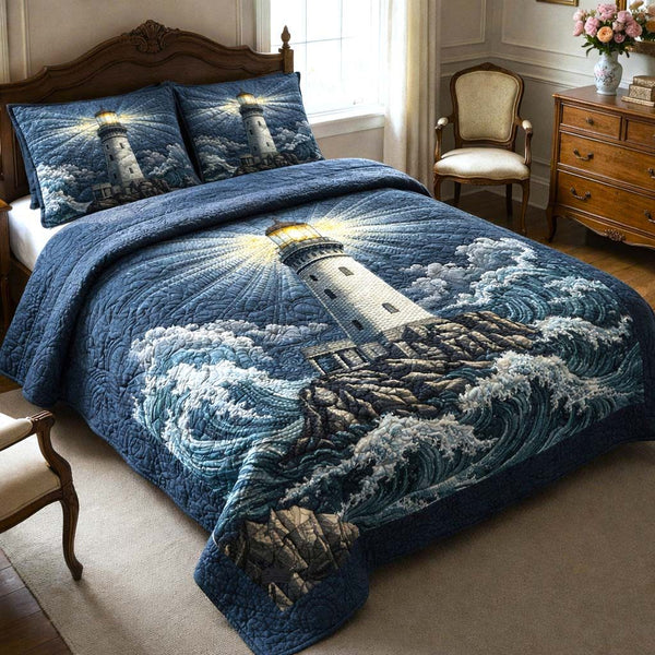 Guiding Light quilted 3-piece bedding set on a made bed with two matching pillow shams
