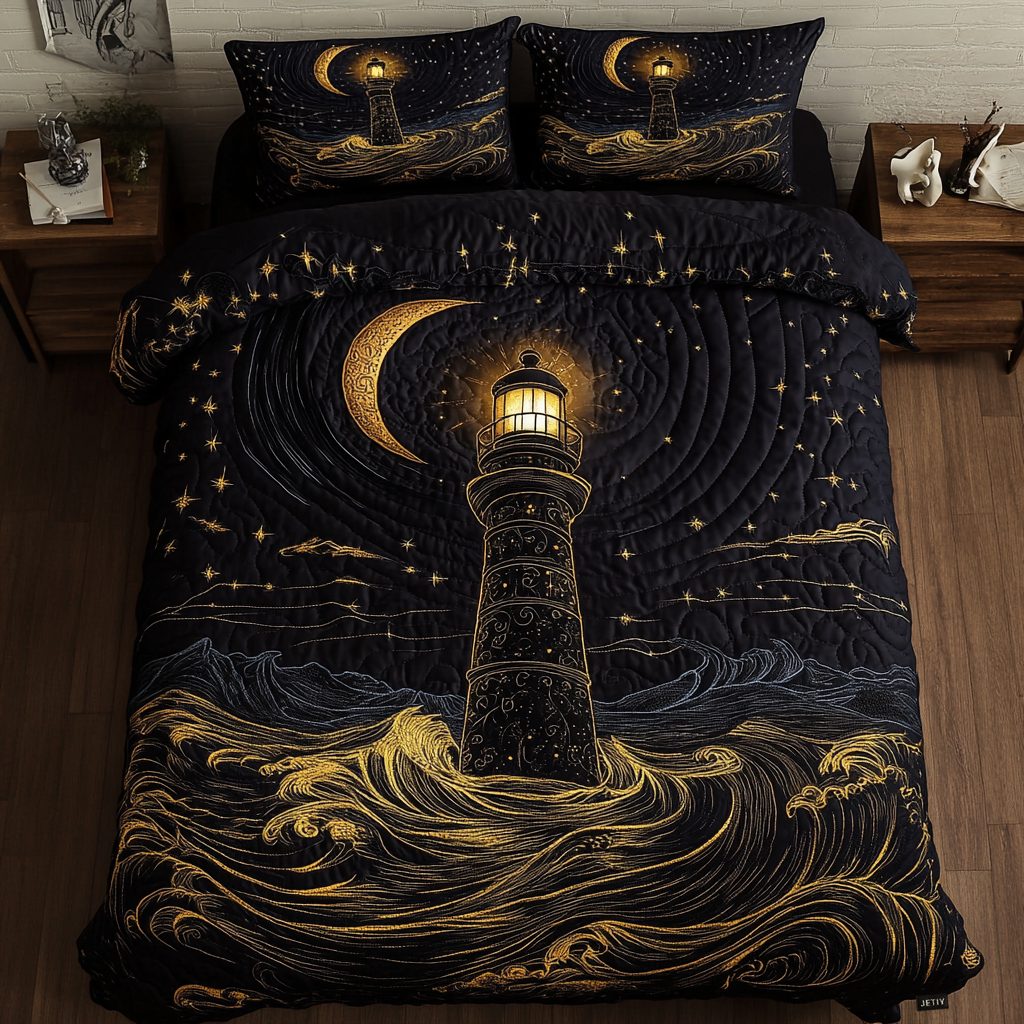 Guiding Light quilted 3-piece bedding set on a made bed with two matching pillow shams