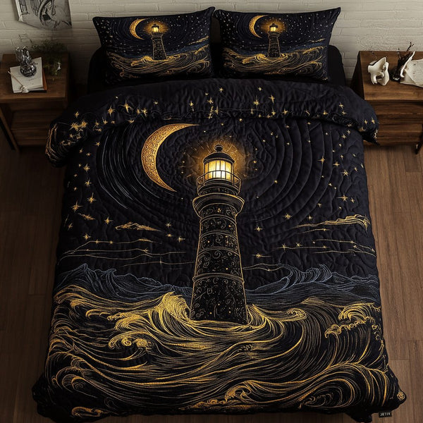 Guiding Light quilted 3-piece bedding set on a made bed with two matching pillow shams