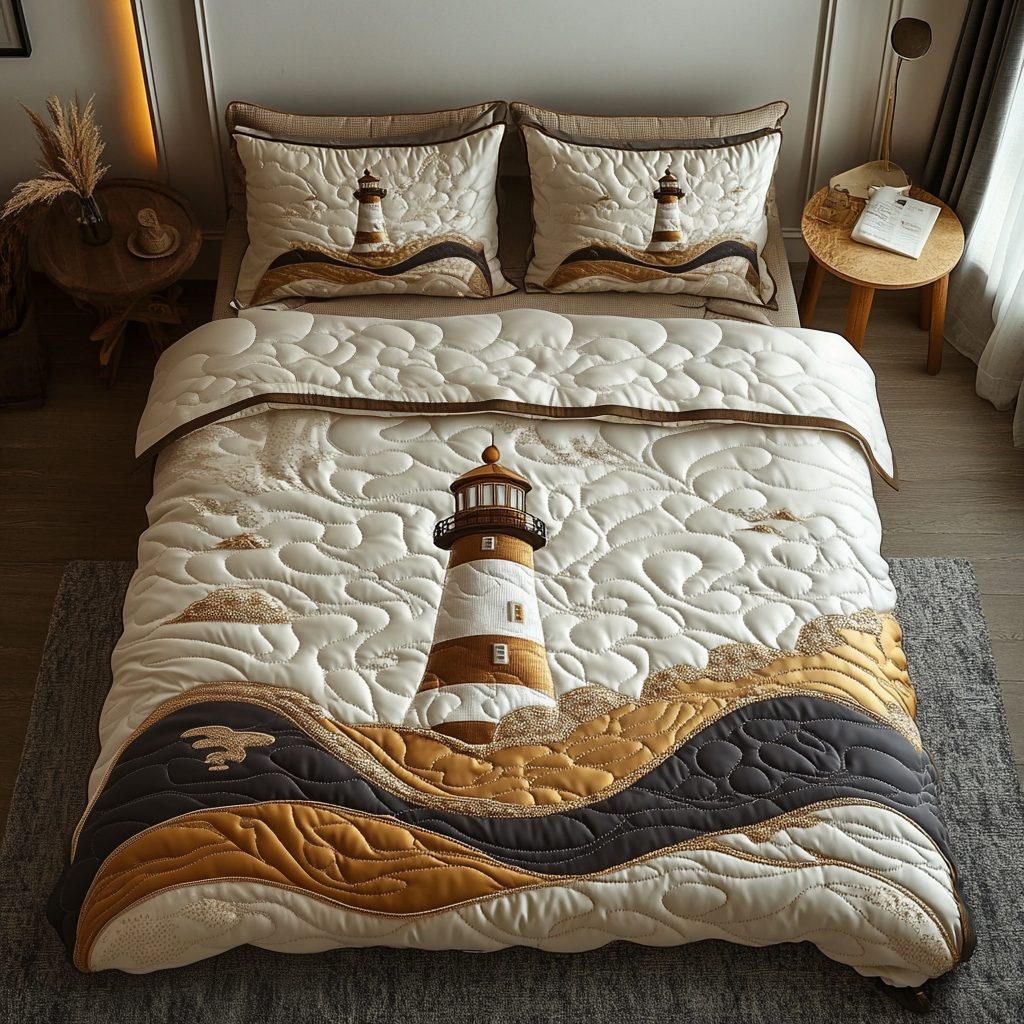 Guiding Light quilted 3-piece bedding set on a made bed with two matching pillow shams