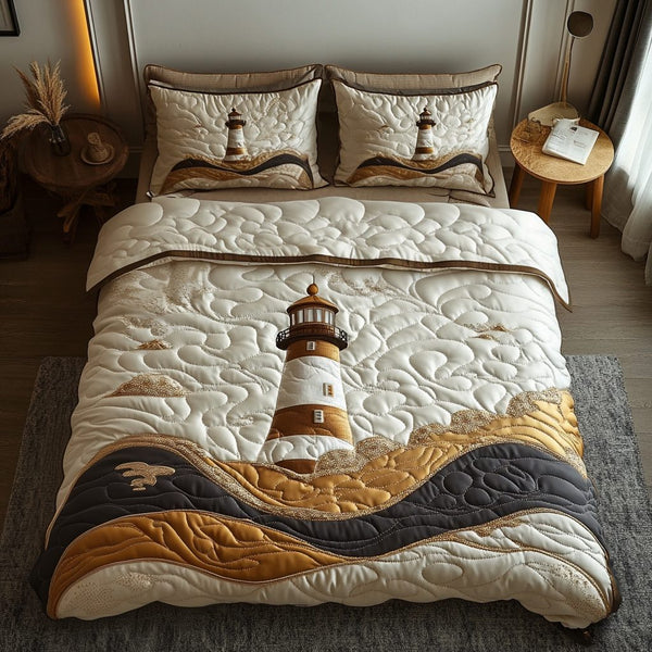 Guiding Light quilted 3-piece bedding set on a made bed with two matching pillow shams