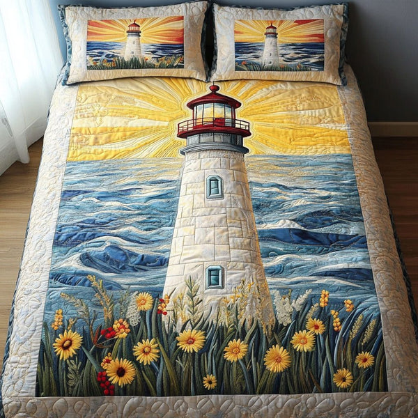Guiding Light quilted 3-piece bedding set on a made bed with two matching pillow shams