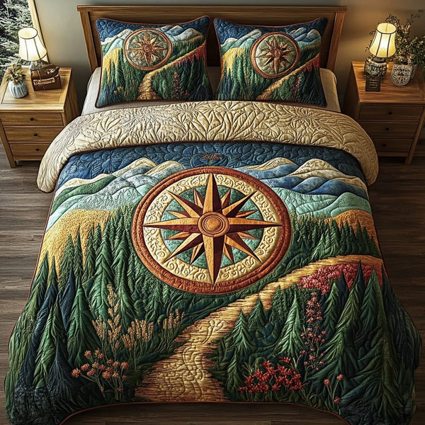 Guiding Point quilted 3-piece bedding set on a made bed with two matching pillow shams