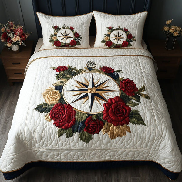 Guiding Rose quilted 3-piece bedding set on a made bed with two matching pillow shams