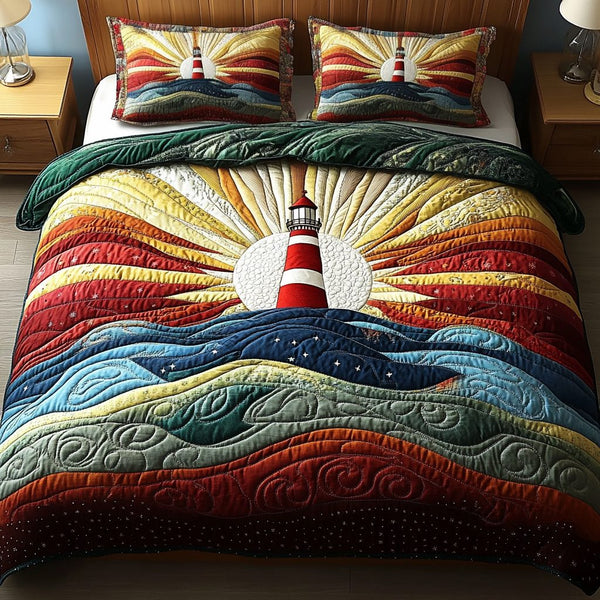 Guiding Shores quilted 3-piece bedding set on a made bed in a light coastal bedroom