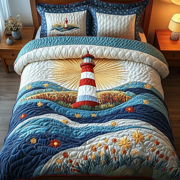 Guiding Star quilted 3-piece bedding set on a made bed with two matching pillow shams