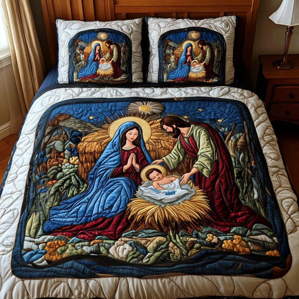 Guiding Star Wonder quilted 3-piece bedding set on a made bed with two matching pillow shams