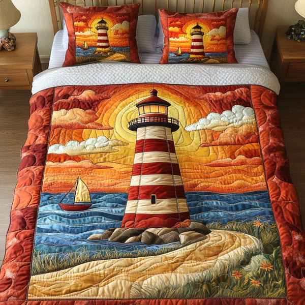 Guiding Waves quilted 3-piece bedding set on a made bed in a light coastal bedroom