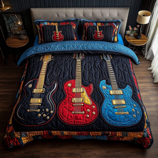 Guitar Grooves quilted 3-piece bedding set on a made bed with two matching pillow shams