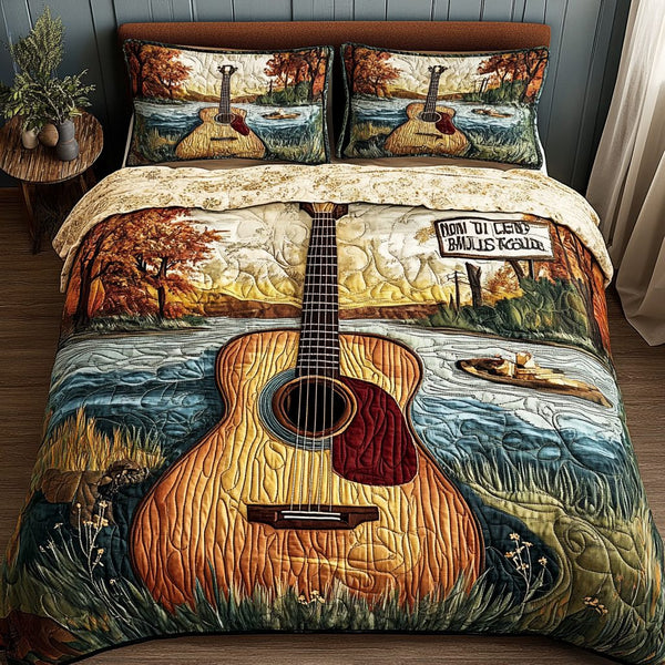 Guitar Haven quilted 3-piece bedding set on a made bed with two matching pillow shams