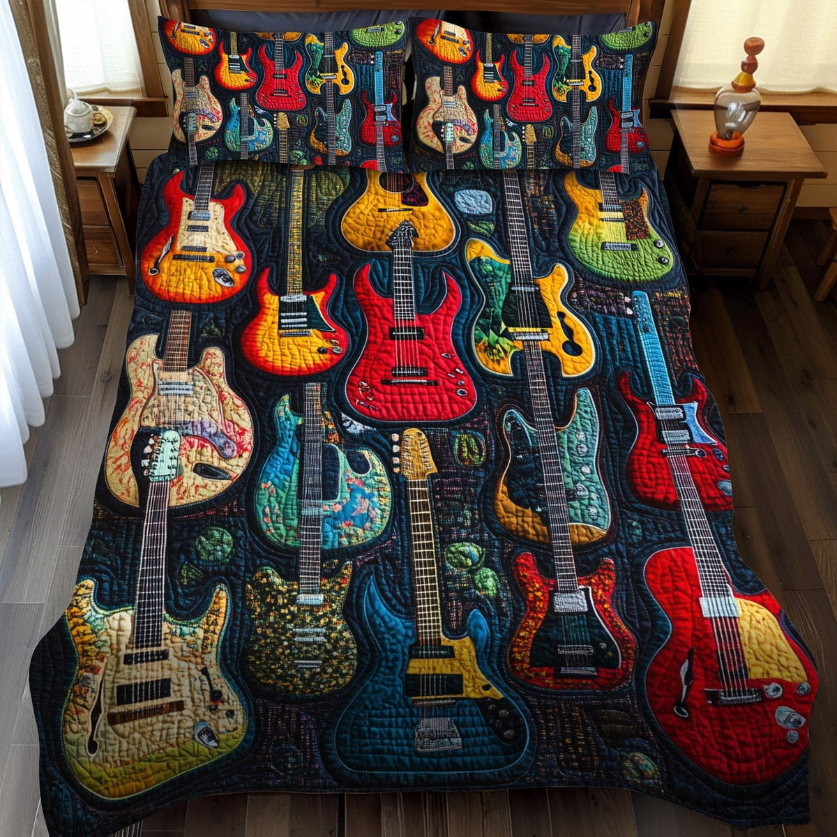 Guitar Legends quilted 3-piece bedding set on a made bed with two matching pillow shams