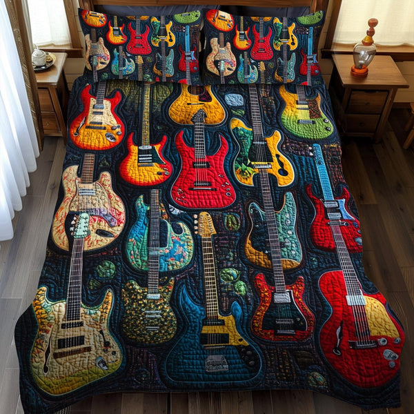 Guitar Legends quilted 3-piece bedding set on a made bed with two matching pillow shams