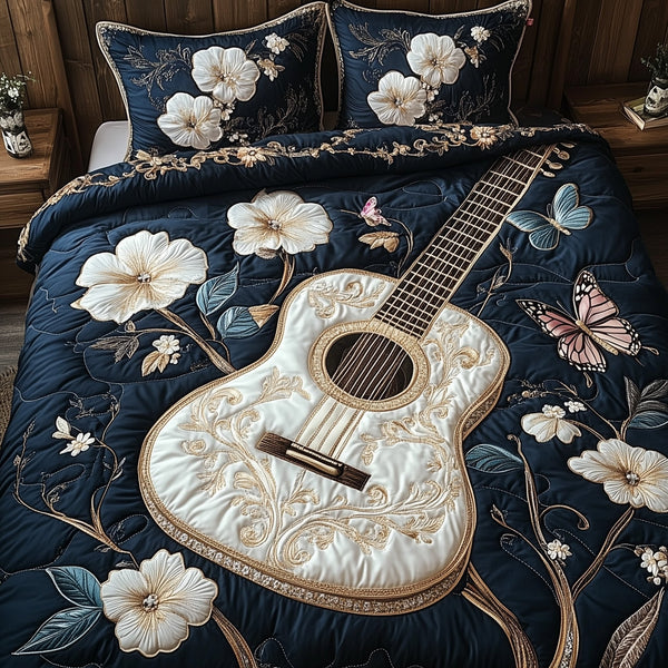 Guitar quilted 3-piece bedding set on a made bed with two matching pillow shams