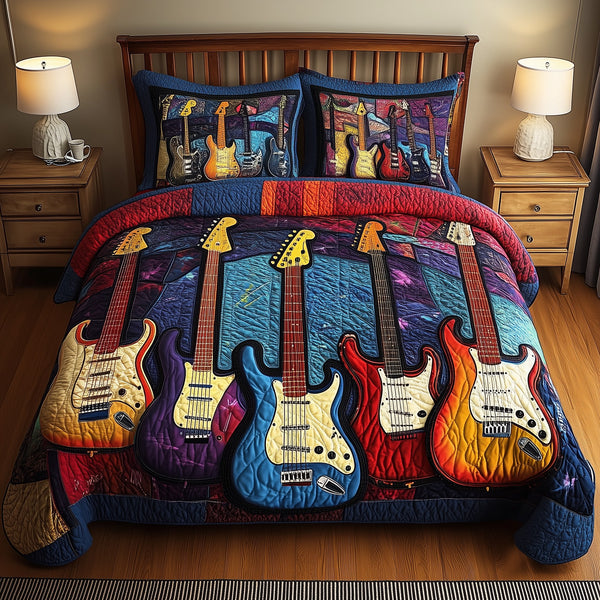 Guitar quilted 3-piece bedding set on a made bed with two matching pillow shams