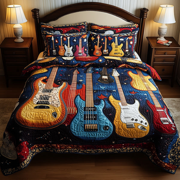 Guitar quilted 3-piece bedding set on a made bed with two matching pillow shams