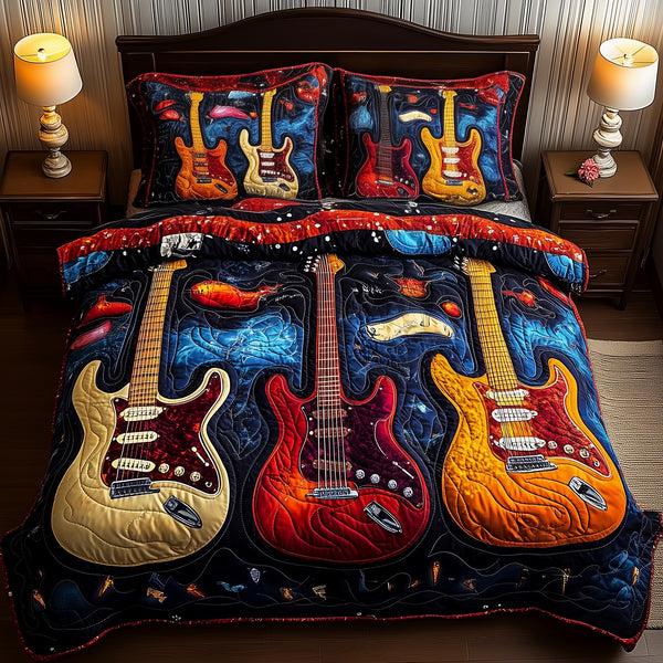 Guitar quilted 3-piece bedding set on a made bed with two matching pillow shams