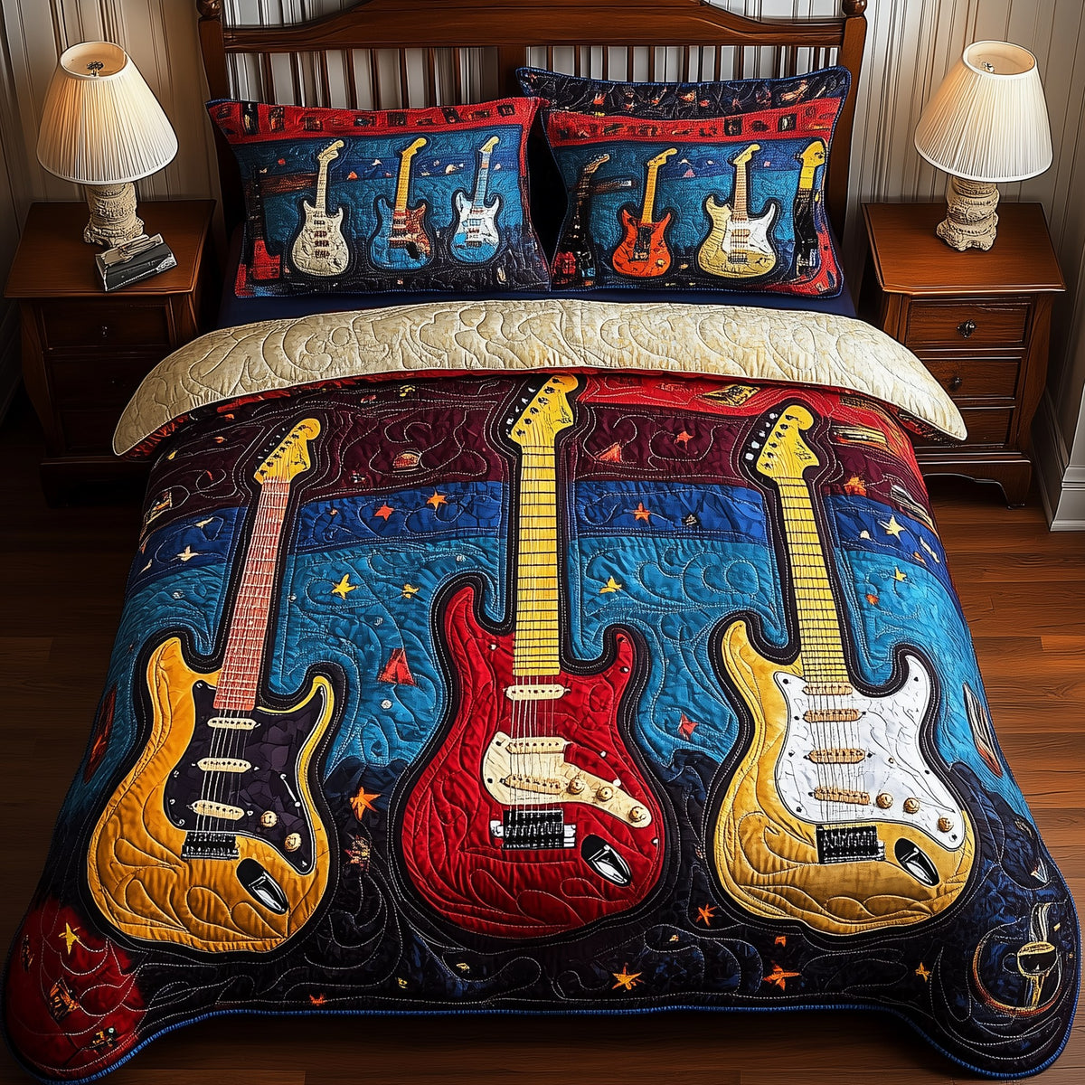 Guitar quilted 3-piece bedding set on a made bed with two matching pillow shams