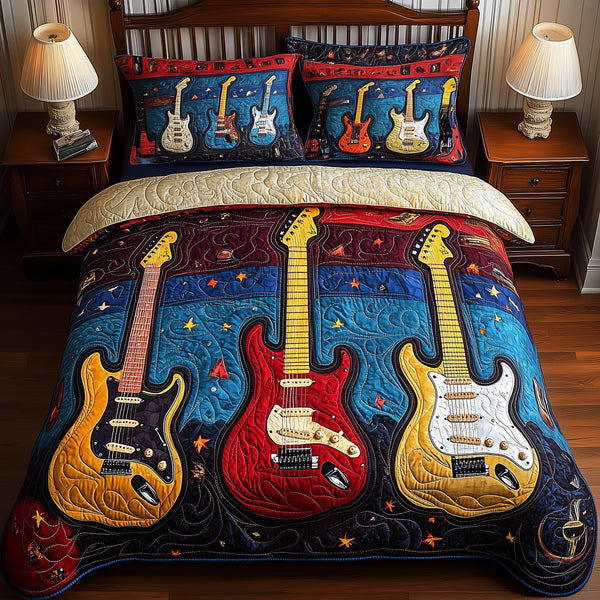 Guitar quilted 3-piece bedding set on a made bed with two matching pillow shams
