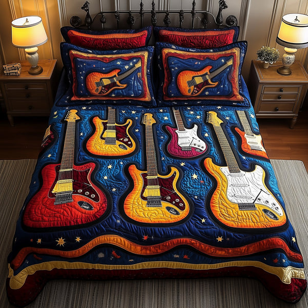 Guitar quilted 3-piece bedding set on a made bed with two matching pillow shams