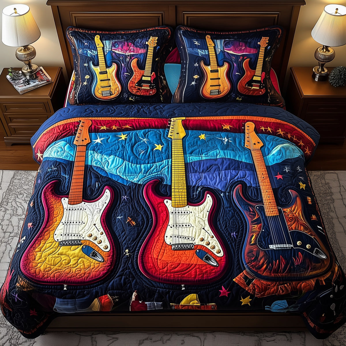 Guitar quilted 3-piece bedding set on a made bed with two matching pillow shams