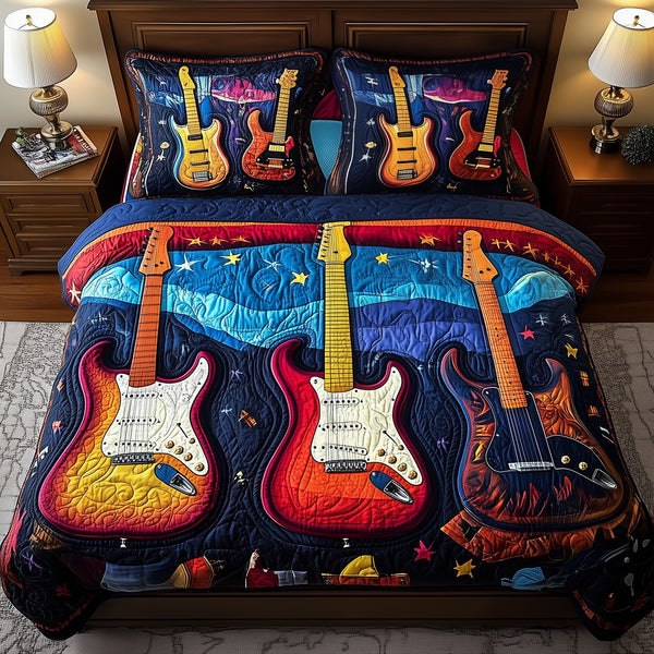 Guitar quilted 3-piece bedding set on a made bed with two matching pillow shams