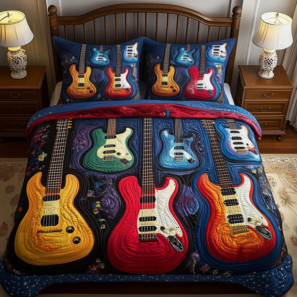 Guitar quilted 3-piece bedding set on a made bed with two matching pillow shams