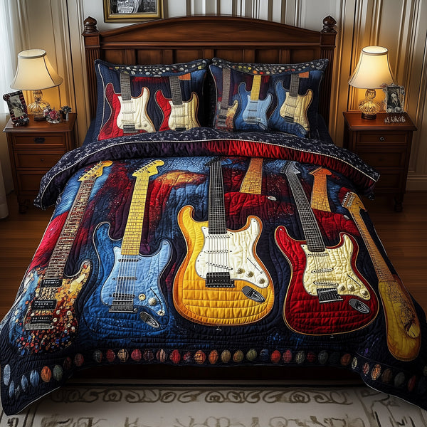 Guitar quilted 3-piece bedding set on a made bed with two matching pillow shams