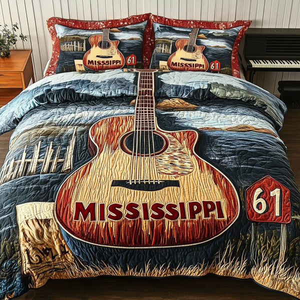 Guitar Reflection quilted 3-piece bedding set on a made bed with two matching pillow shams