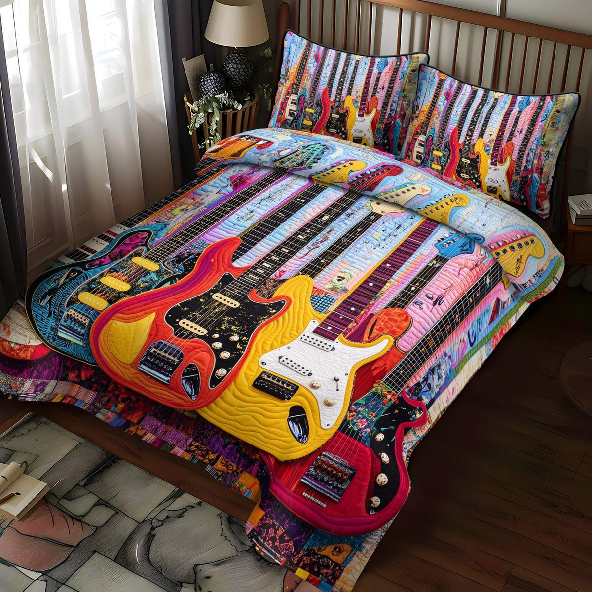 Guitarist Dream quilted 3-piece bedding set on a made bed with two matching pillow shams